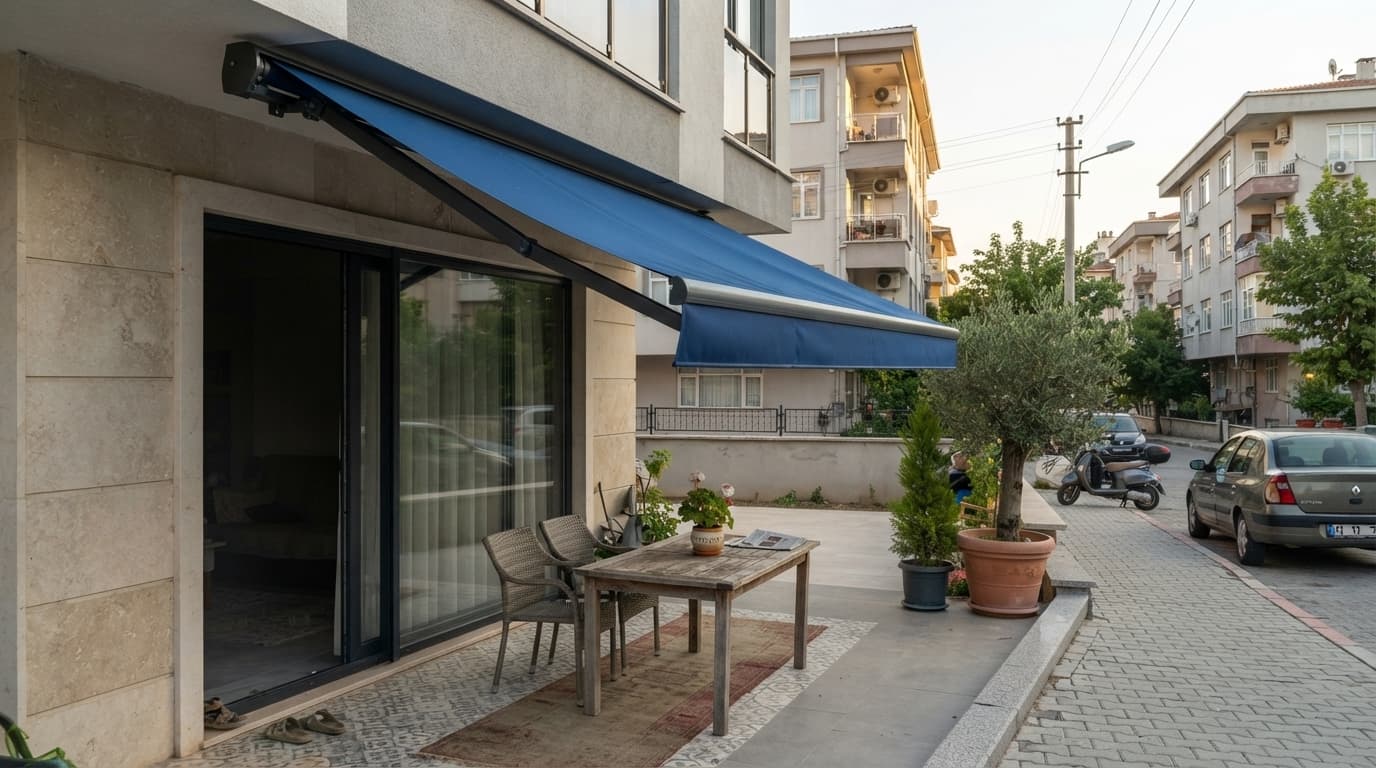 Teras üzerinde mafsallı tente