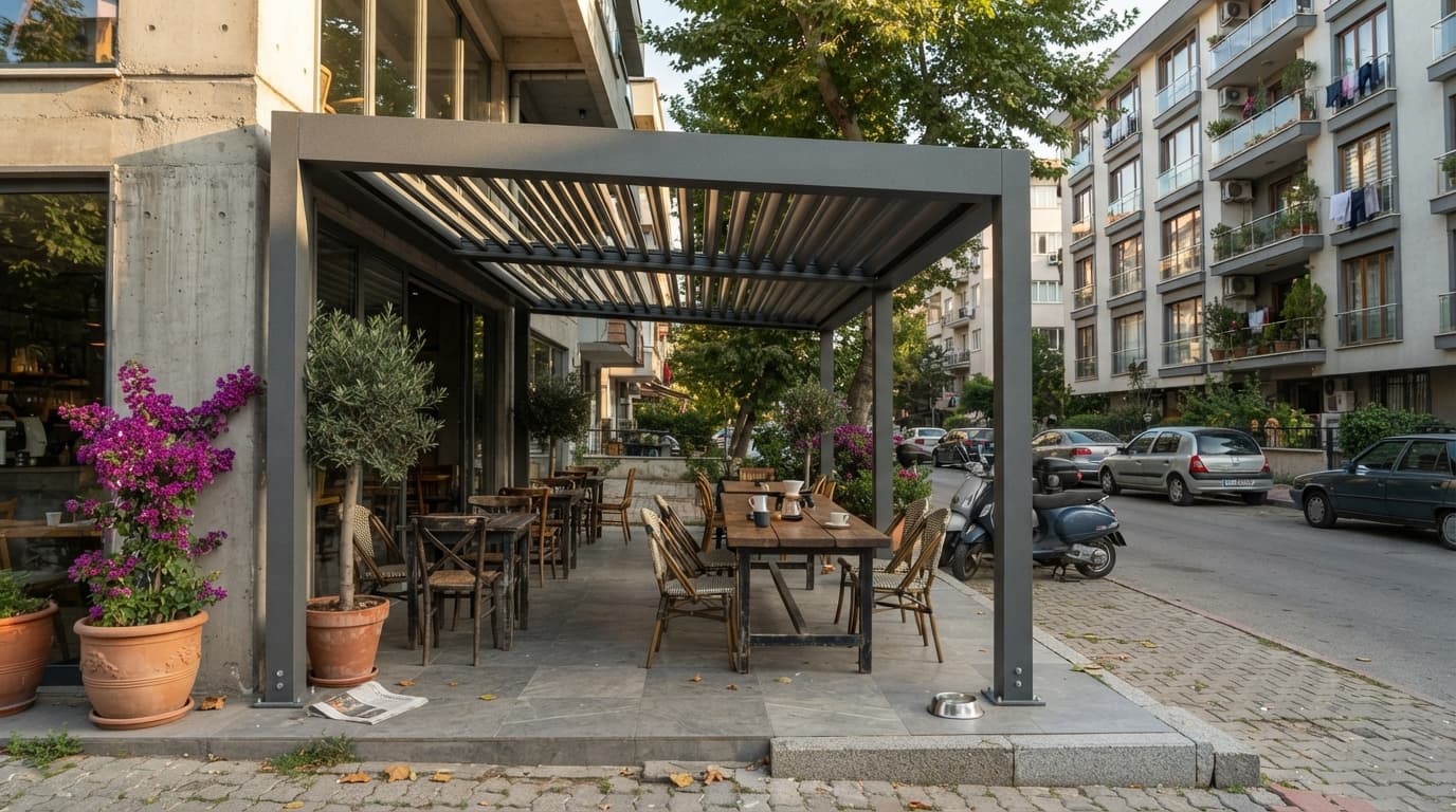 Teras üzerinde rolligroof pergola sistemi