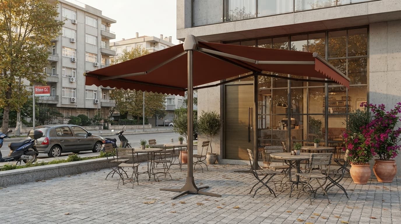 Kafe bahçesinde T-model tente uygulaması