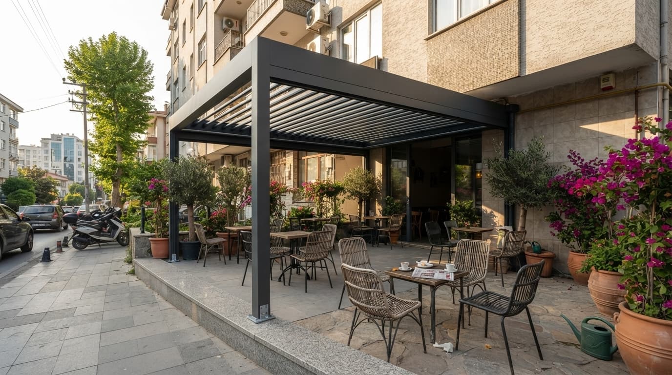 Teras üzerinde alüminyum lamelli bioklimatik pergola