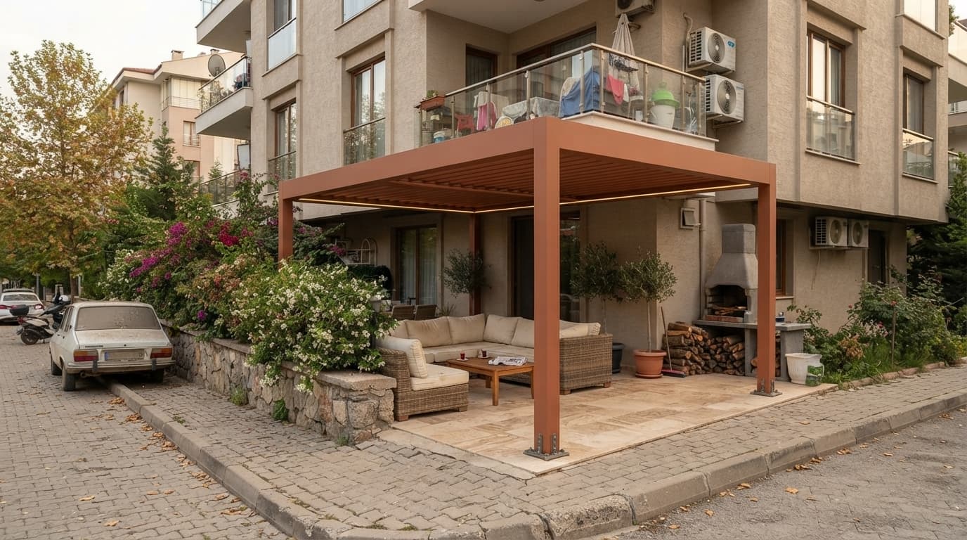 Bahçe oturma alanında bioklimatik pergola uygulaması