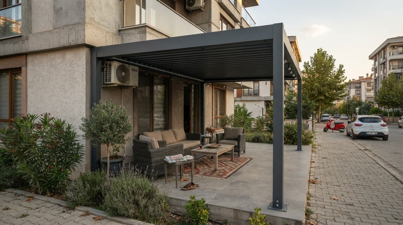 Lamelleri kapalı konumdaki bioklimatik pergola tavanı