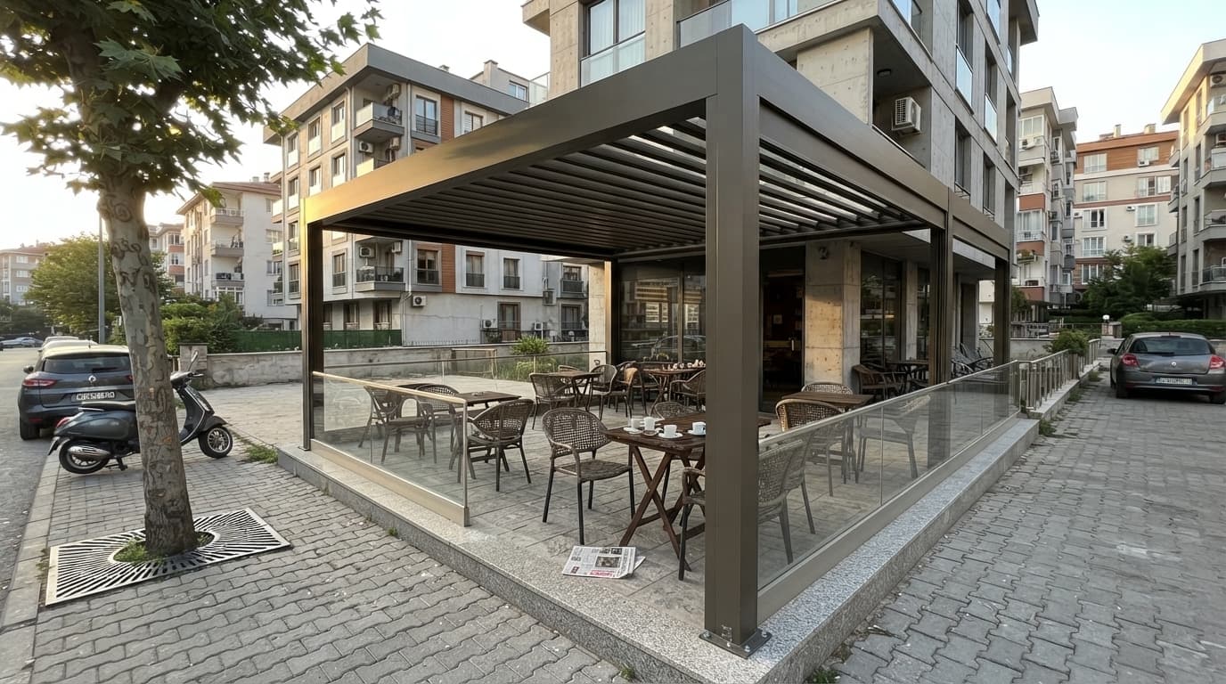Konut terasında LED aydınlatmalı bioklimatik pergola