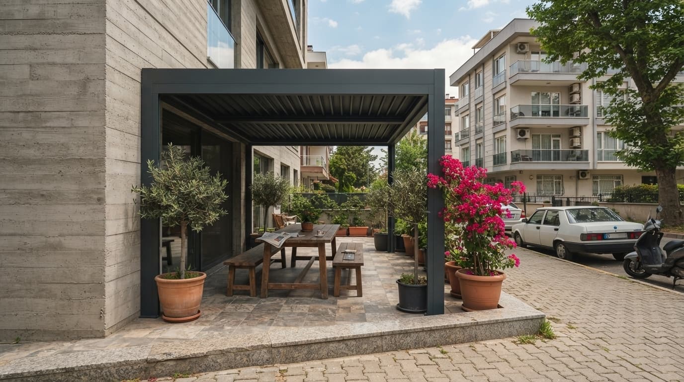 İşletme dış mekanında bioklimatik pergola