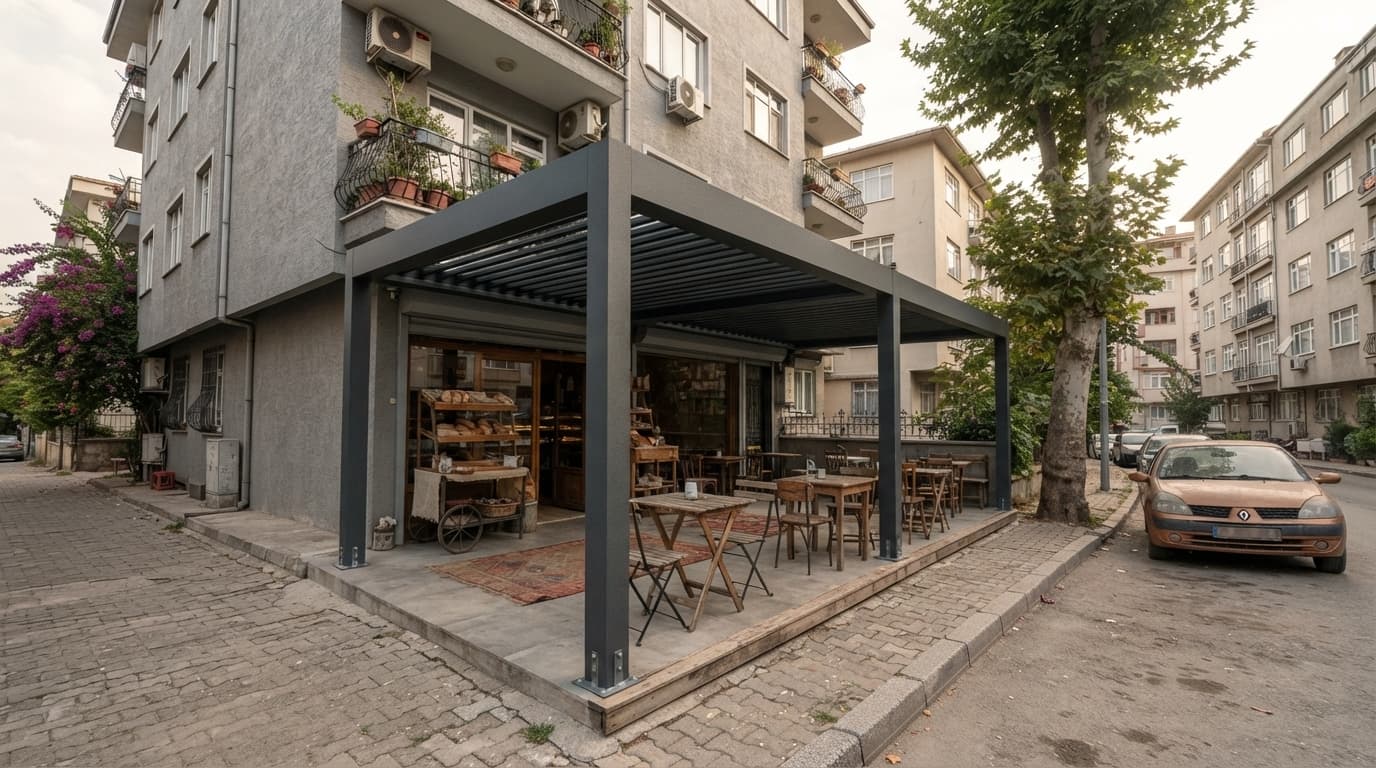 Teras üzerinde alüminyum lamelli bioklimatik pergola