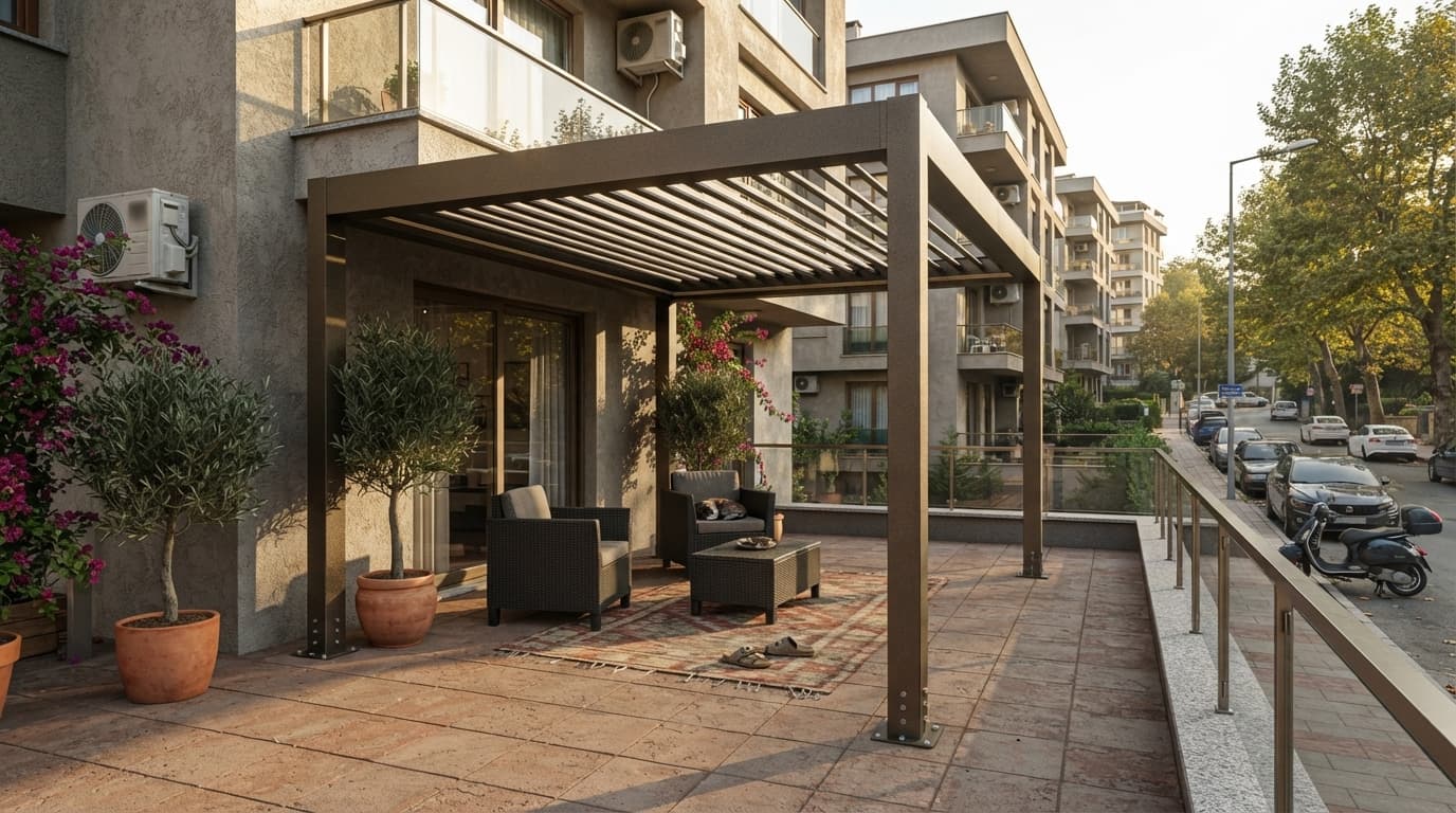 Bahçe oturma alanında bioklimatik pergola uygulaması