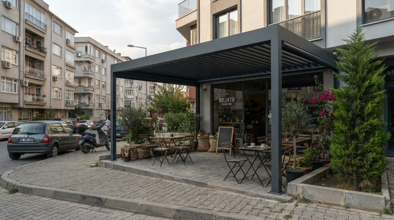 Lamelleri kapalı konumdaki bioklimatik pergola tavanı