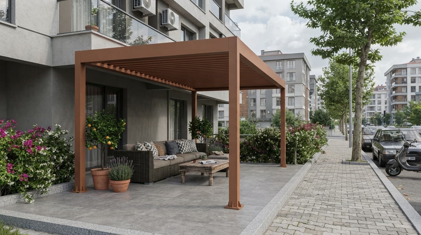 Konut terasında LED aydınlatmalı bioklimatik pergola