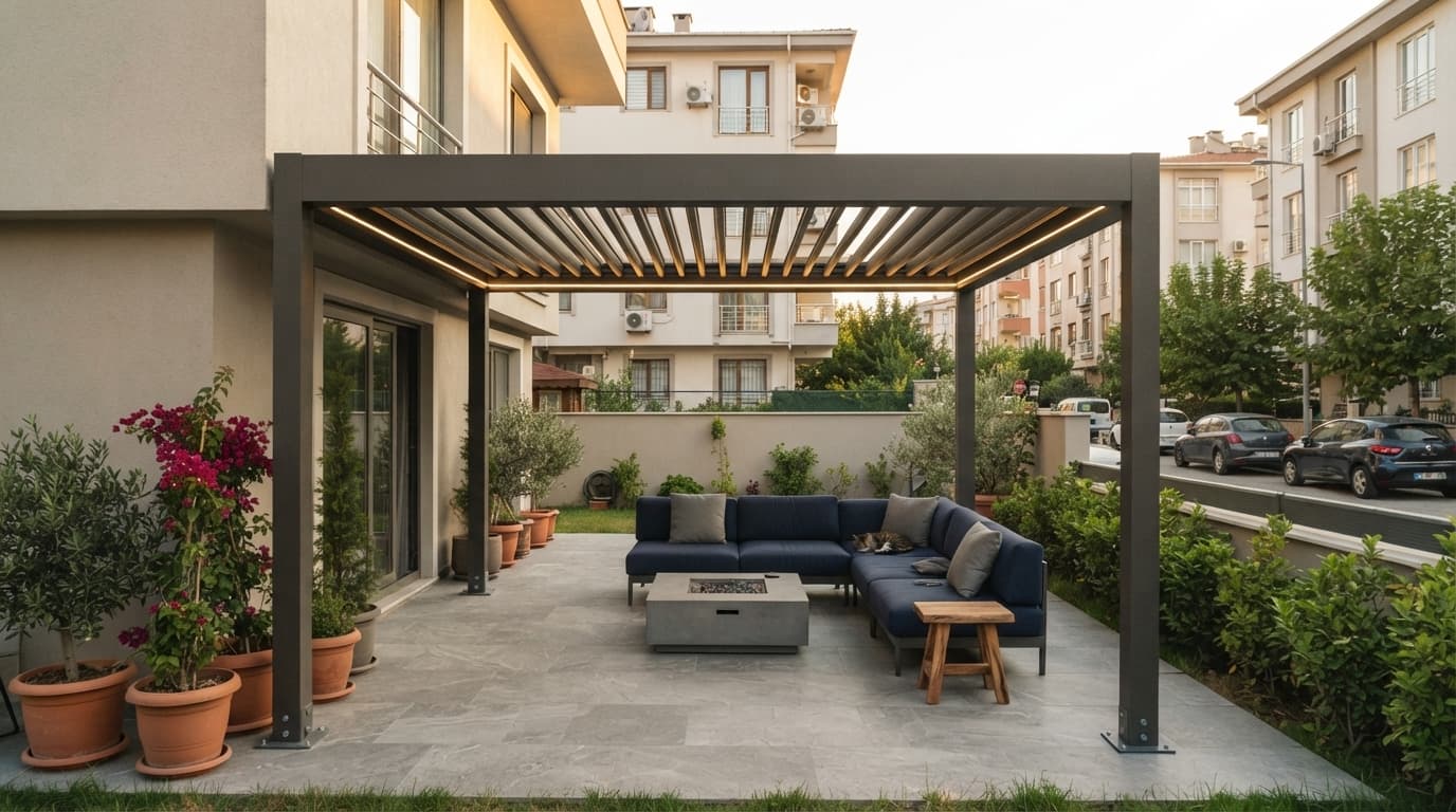 Teras üzerinde alüminyum lamelli bioklimatik pergola