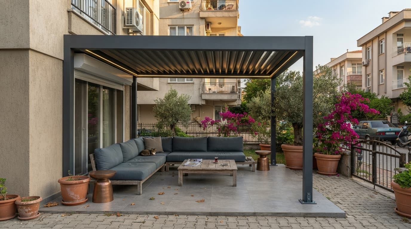 Bahçe oturma alanında bioklimatik pergola uygulaması