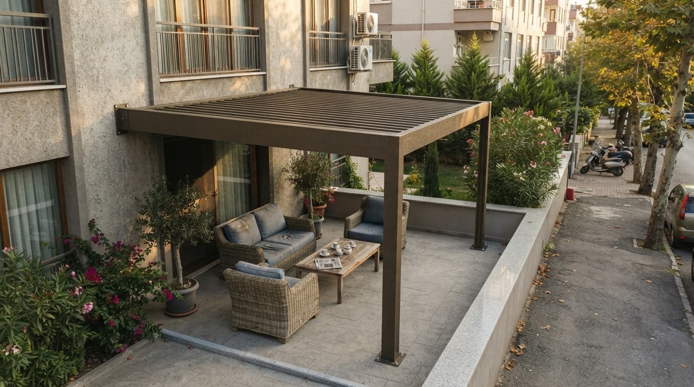 Lamelleri kapalı konumdaki bioklimatik pergola tavanı