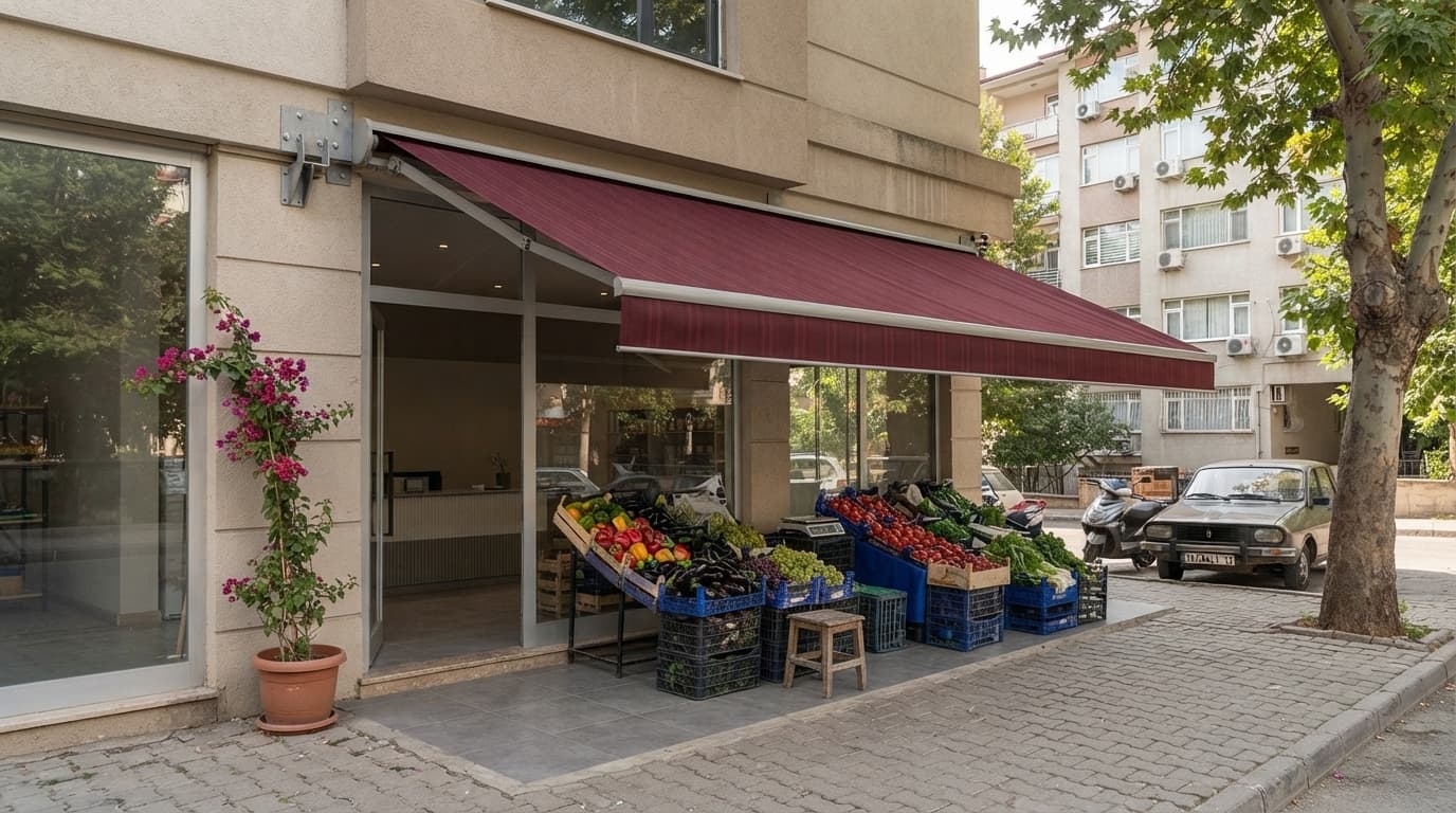İşletme önünde mafsallı tente uygulaması