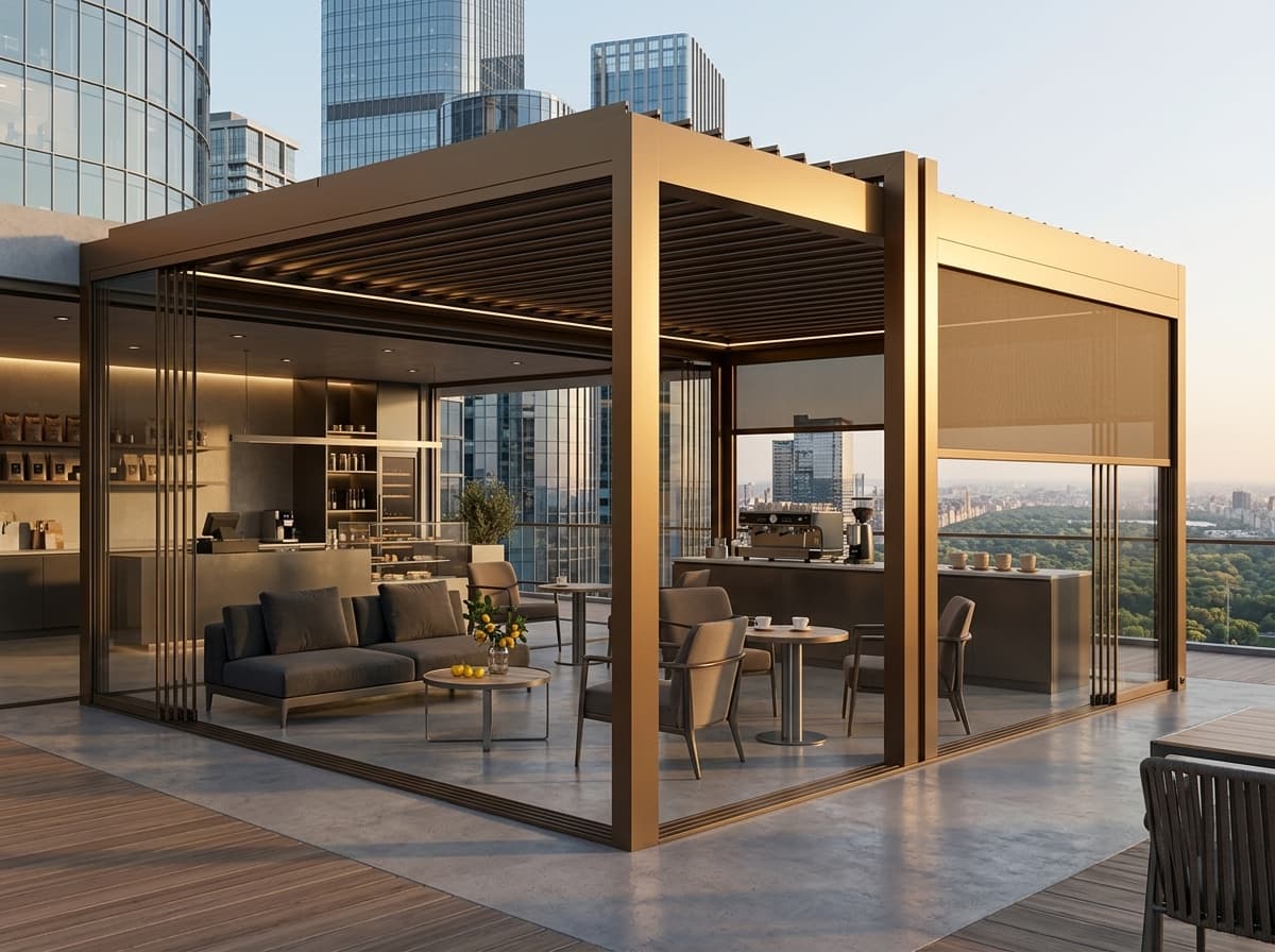 Tavanı açık konumdaki rolligroof pergola