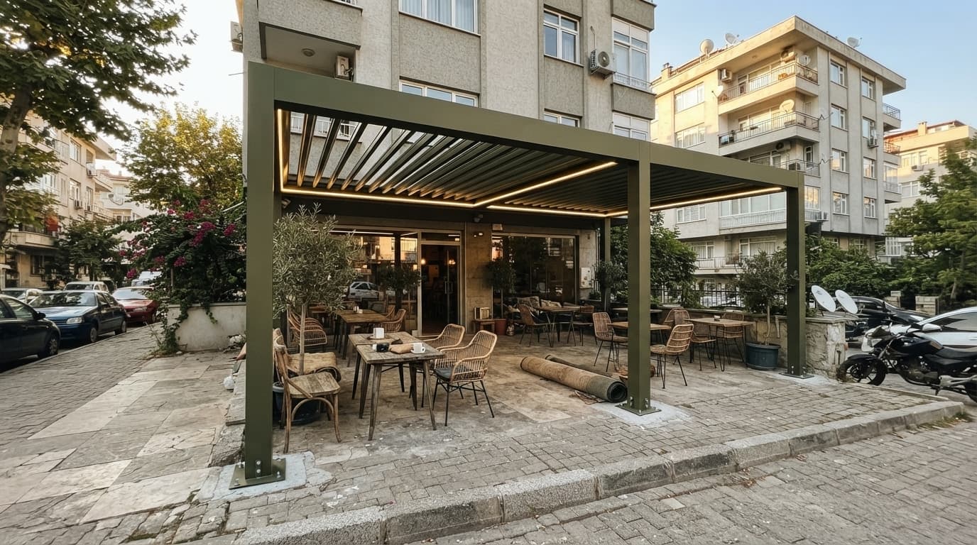 Teras üzerinde rolligroof pergola sistemi