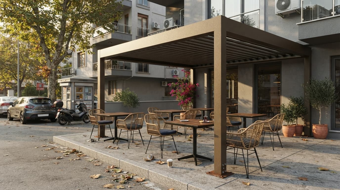Tavanı açık konumdaki rolligroof pergola