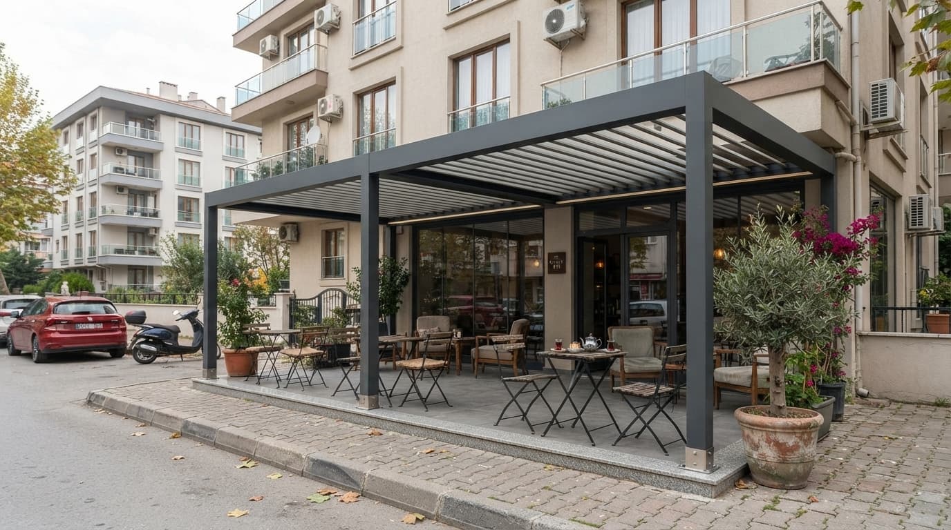 İşletme bahçesinde rolligroof pergola
