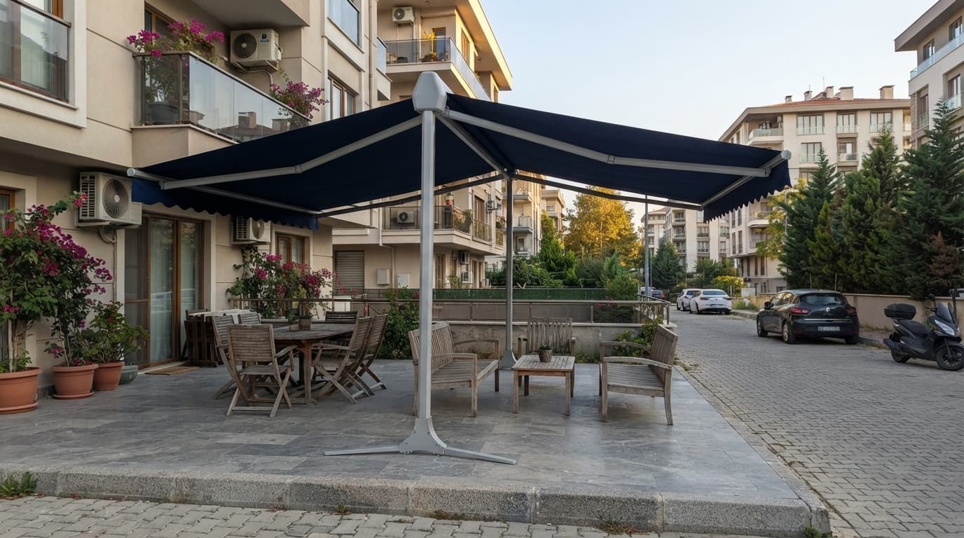 İşletme dış mekanında T-model tente