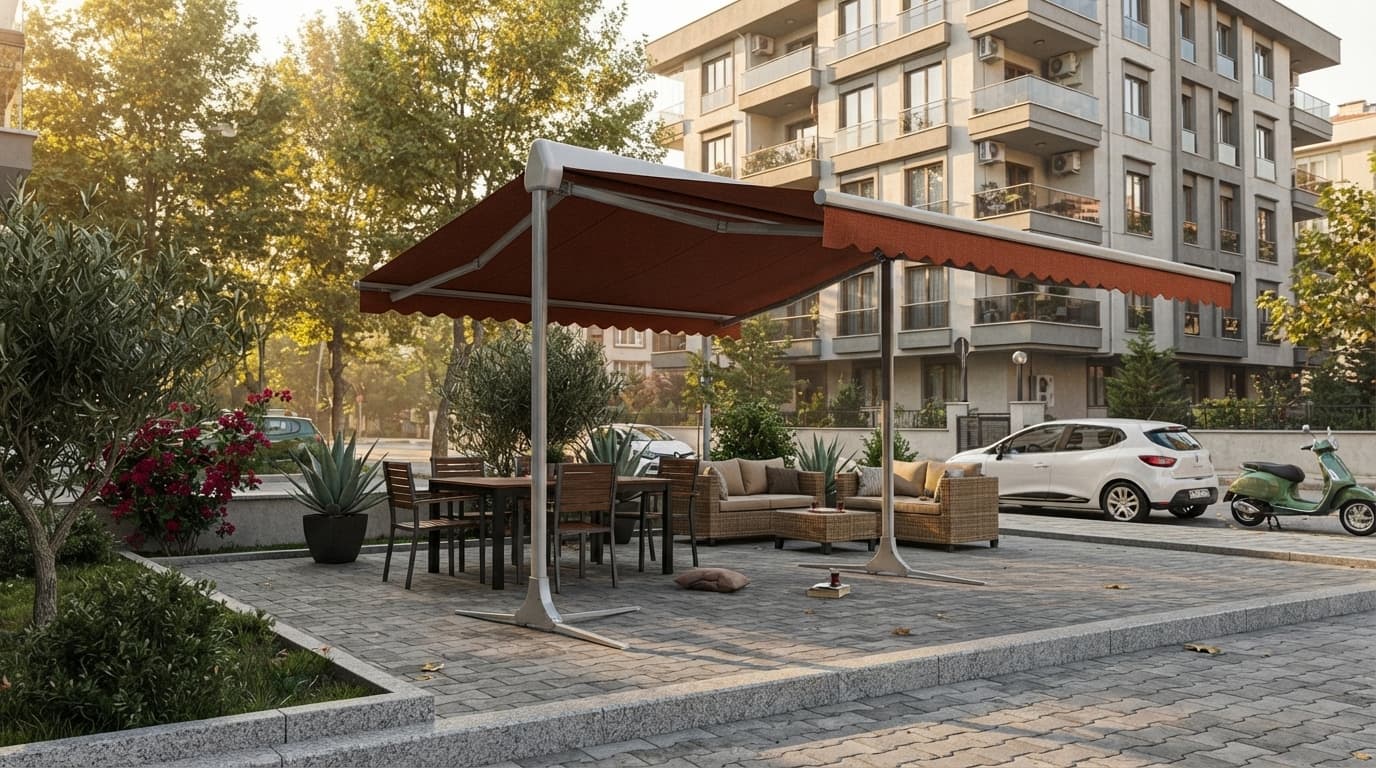 Kafe bahçesinde T-model tente uygulaması