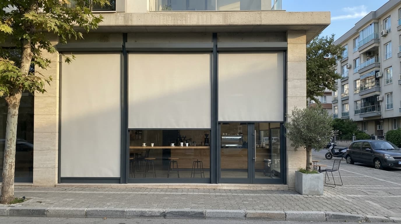Raya kilitli zip perde ile kapatılmış cephe